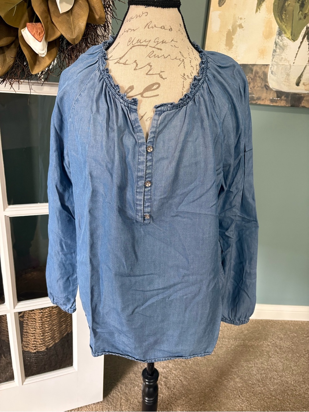 J. Jill Blue Chambray Gathered Neck Button Popover